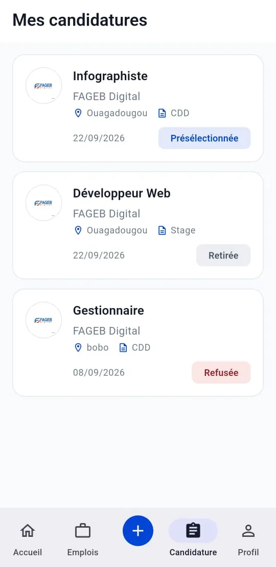 Écran Mes candidatures : suivi du statut de chaque candidature
