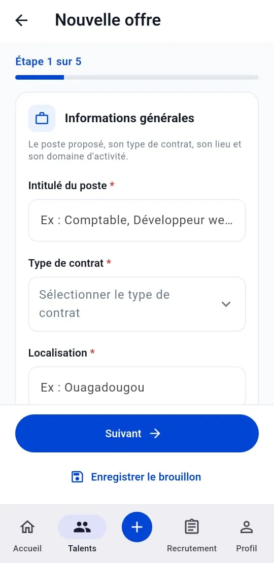 Écran Nouvelle offre : assistant de publication en 5 étapes